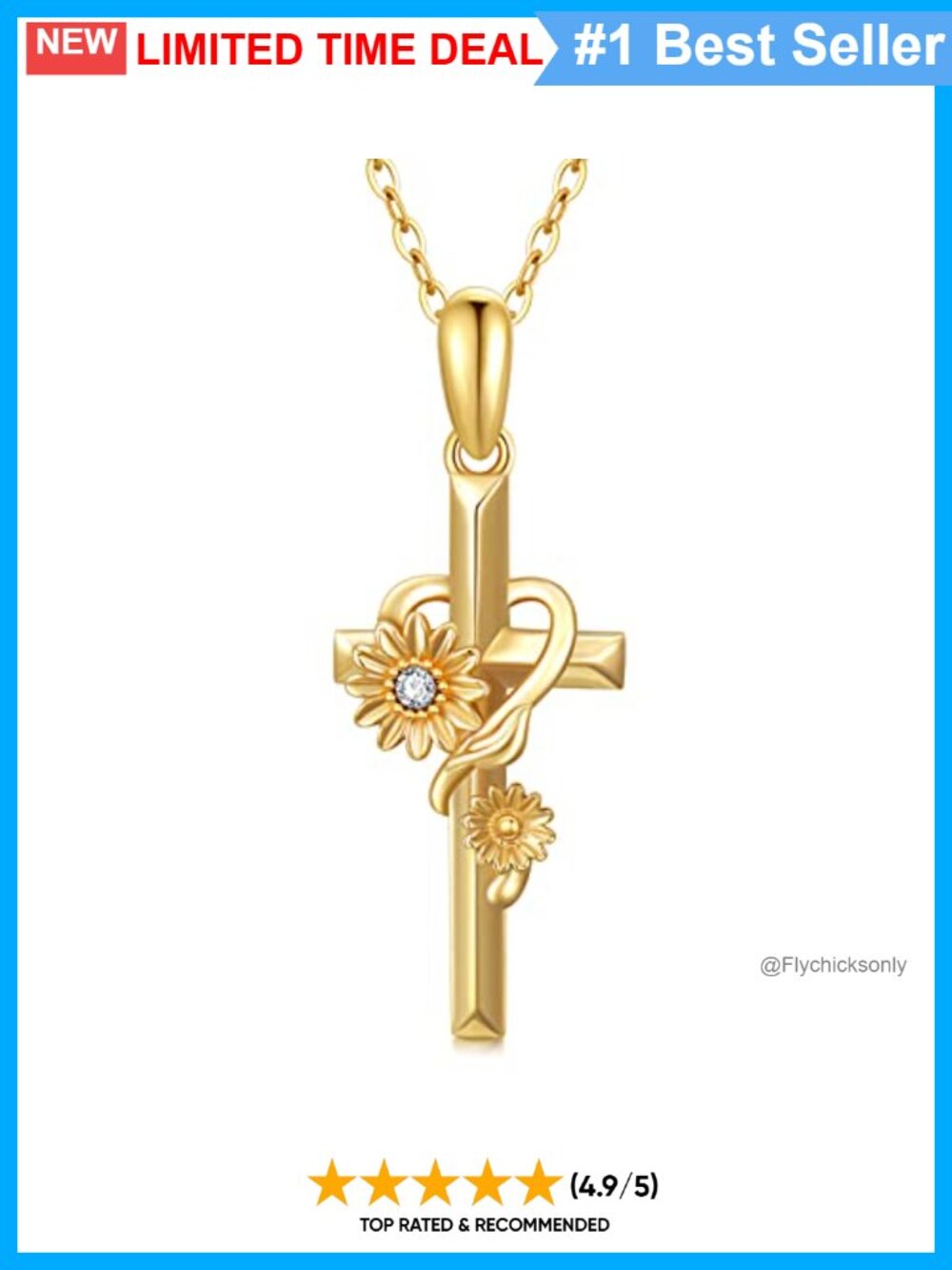WSX 14K Solid Gold Sunflower Cross Pendant Necklace
